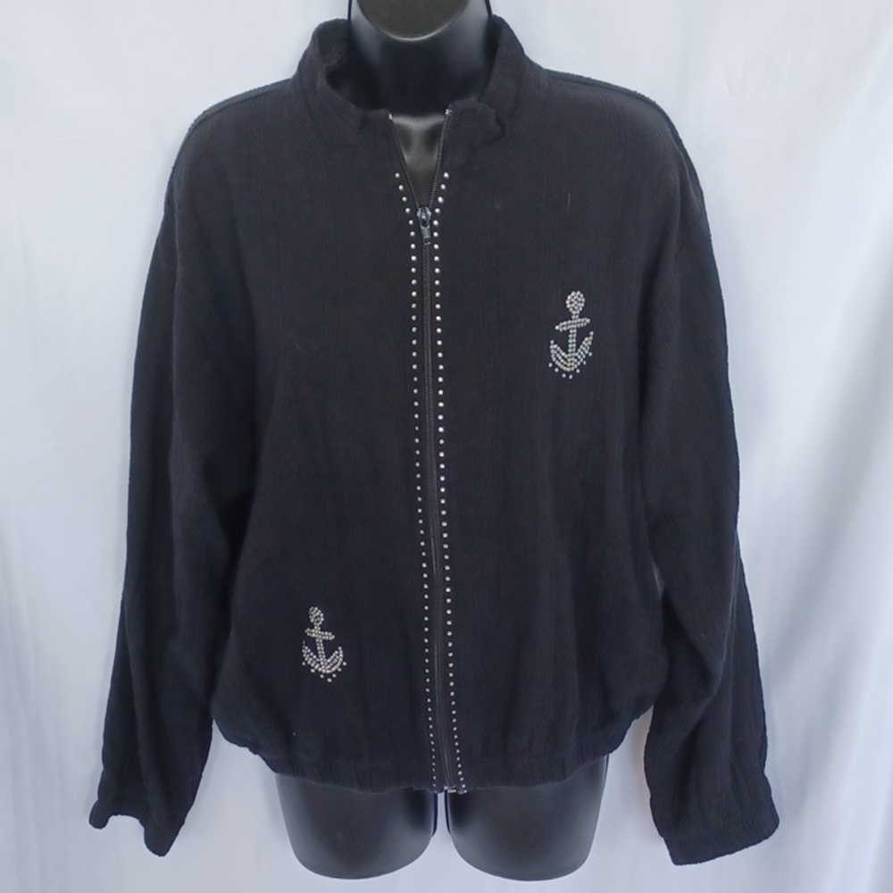 Gepetto Y2K Black & Silver Bejeweled Anchor Zip Up Jacket XL - 100% Cotton